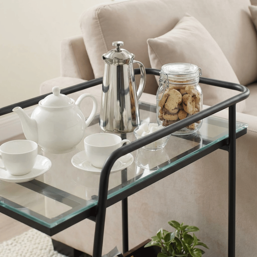 عربة تقديم بسطح زجاج مقوى وأرجل معدنية – بني 80×35×75 سم
