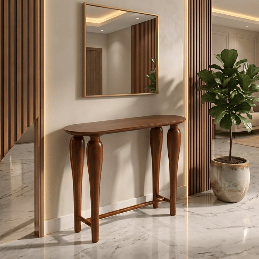 كونسول مستطيل انيق بتصميم نحيف وأرجل خشبية مدببة- بني