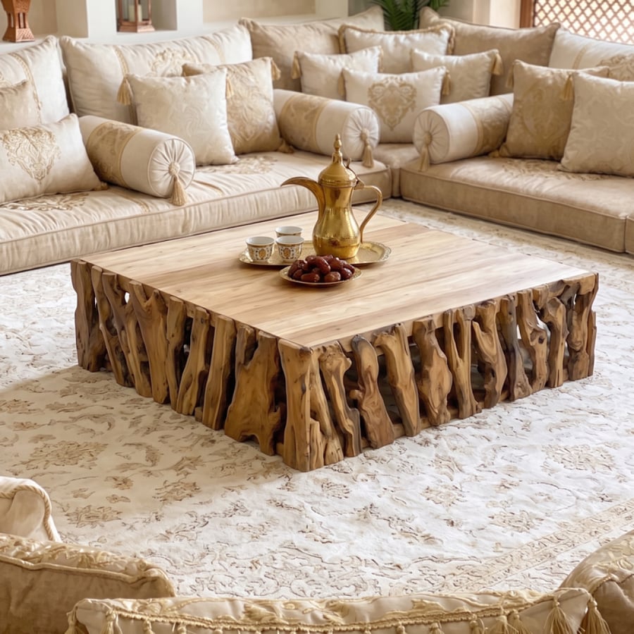طقم طاولات للمعيشة من الخشب الطبيعي بتصميم عصري – بيج