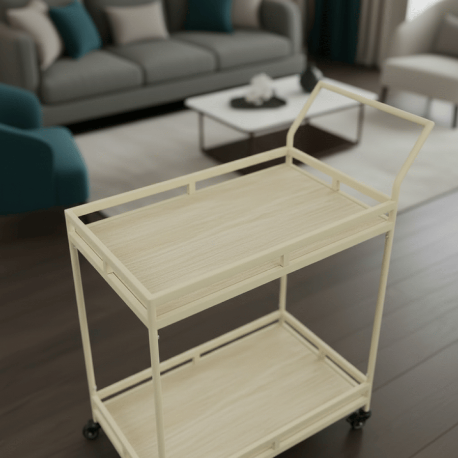عربة ضيافة بعجل مع رفين – لون بيج بتصميم أنيق