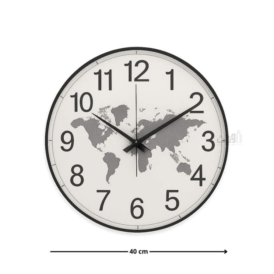 ساعة حائط أنيقة بخلفية خريطة العالم
