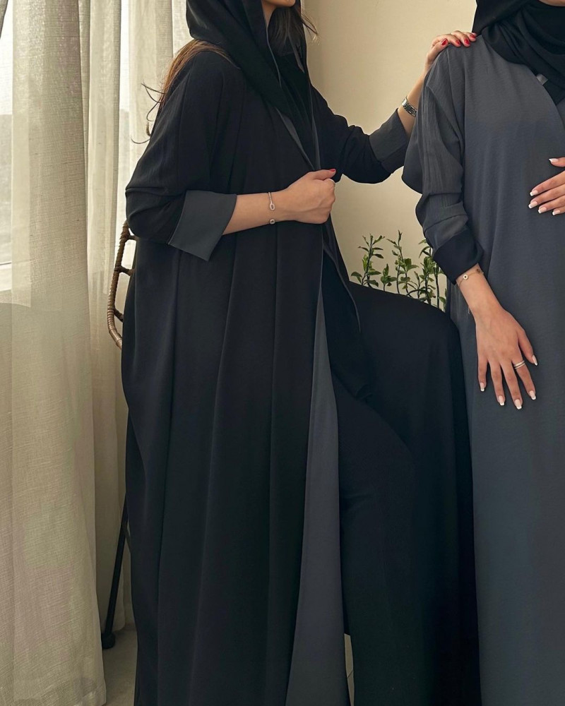 Abaya half wide double face gray and black crepe crushed