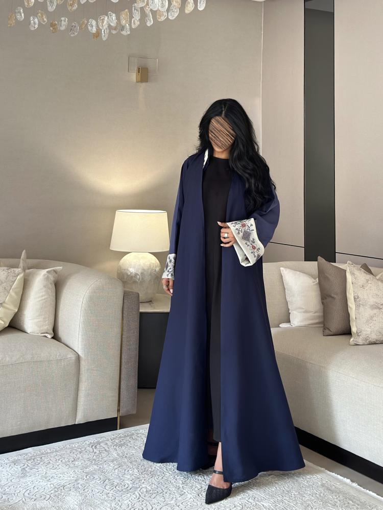 Cotton abaya navy and blue wide with embroidered Indian sleeves