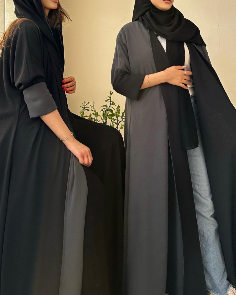 Abaya half wide double face gray and black crepe crushed