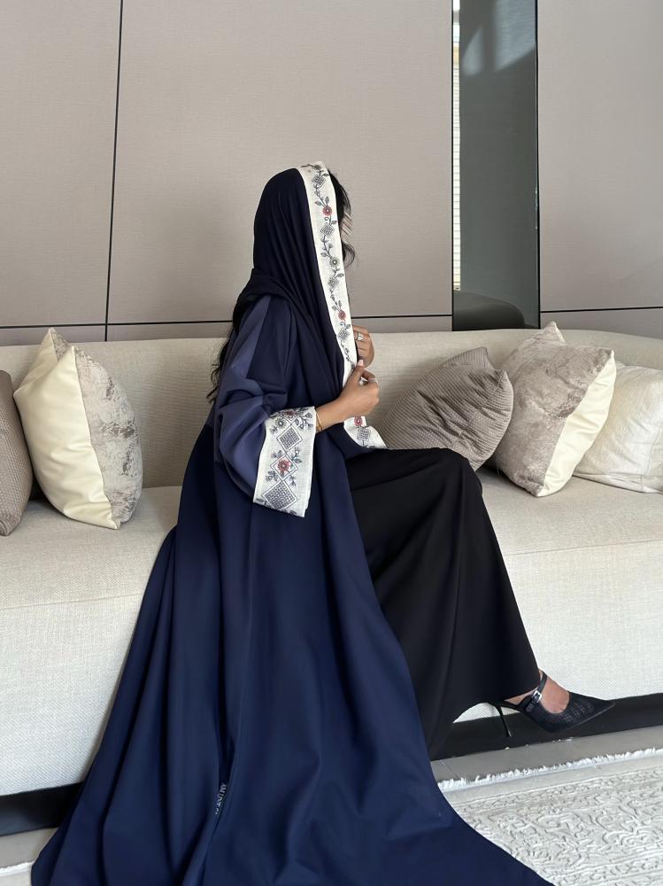 Cotton abaya navy and blue wide with embroidered Indian sleeves