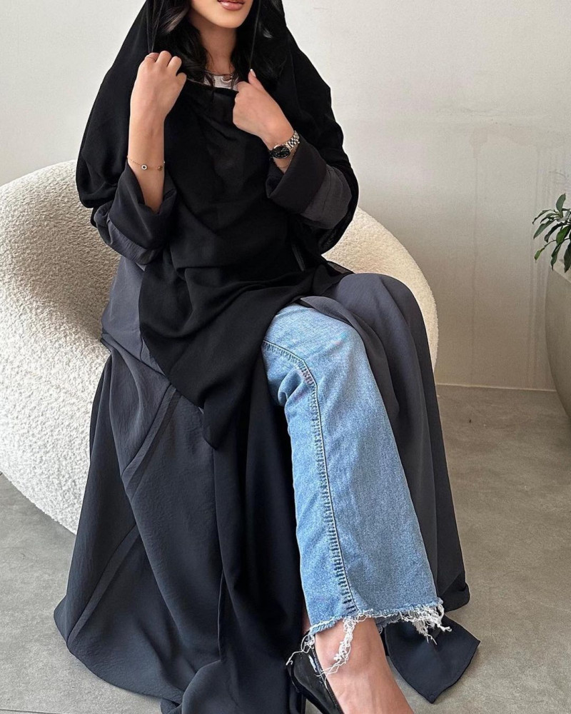 Abaya half wide double face gray and black crepe crushed