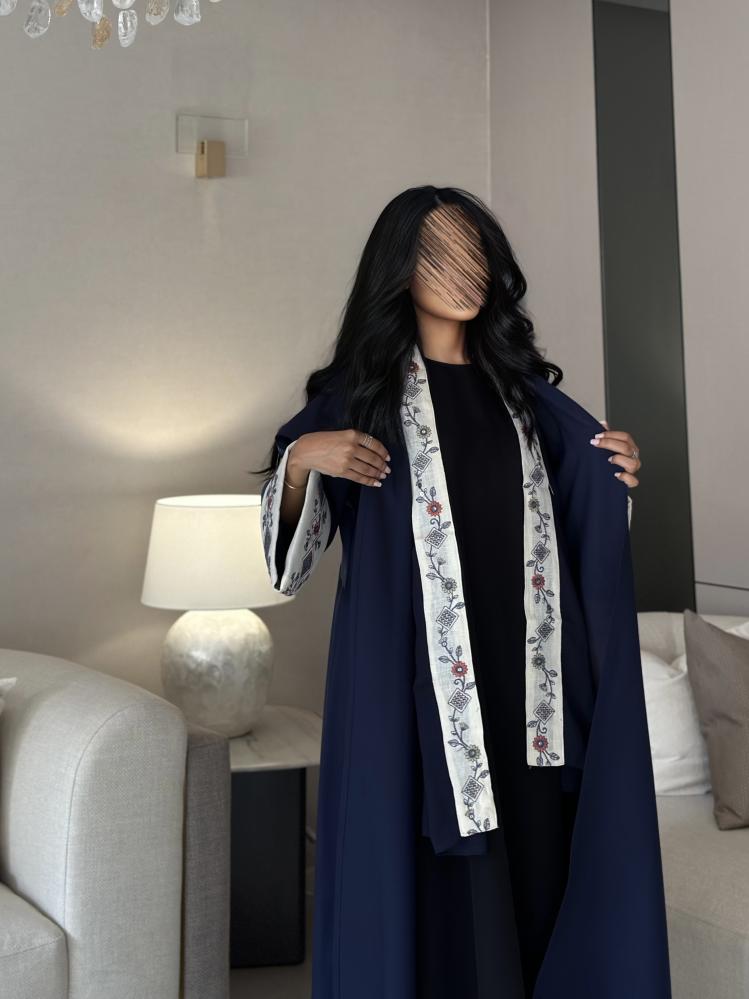 Cotton abaya navy and blue wide with embroidered Indian sleeves