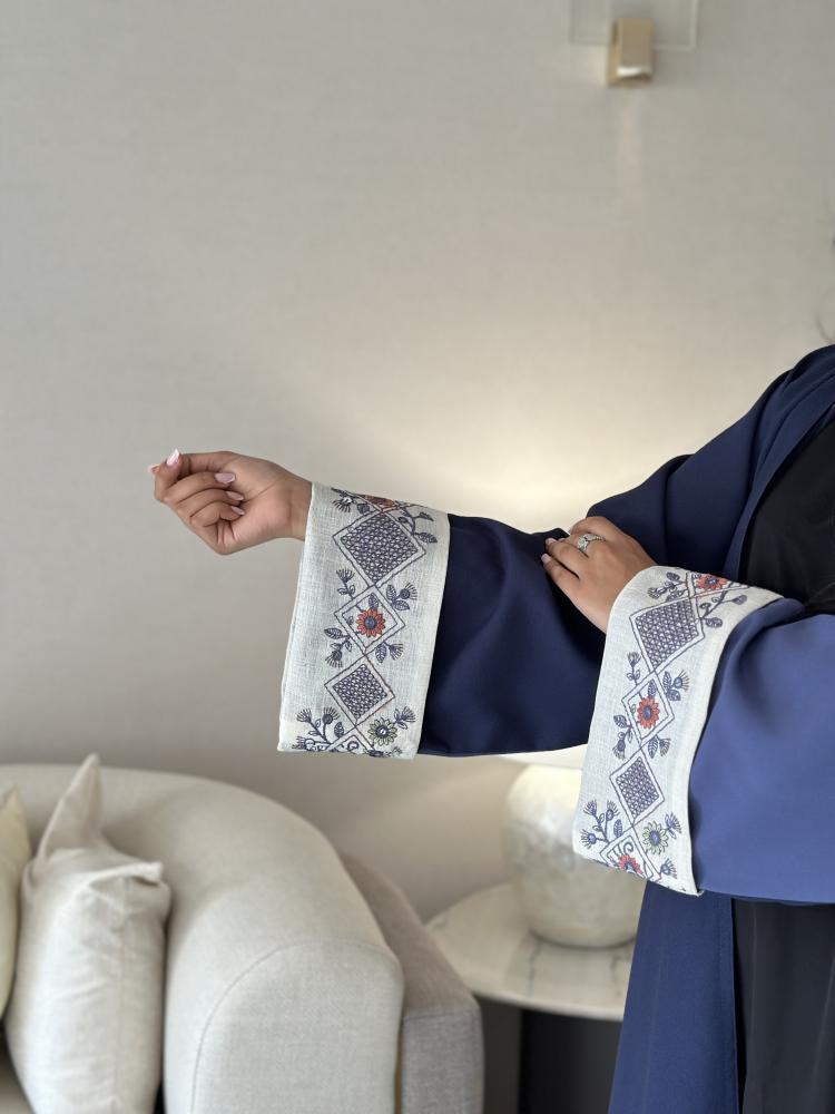 Cotton abaya navy and blue wide with embroidered Indian sleeves
