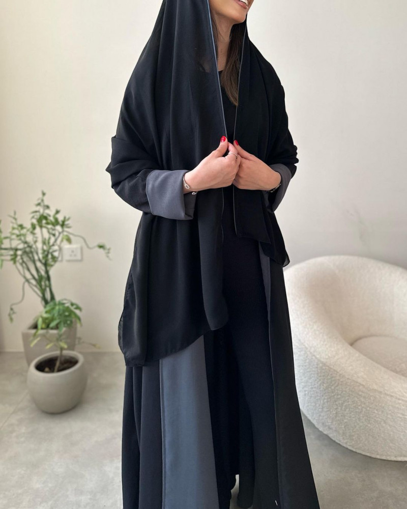 Abaya half wide double face gray and black crepe crushed