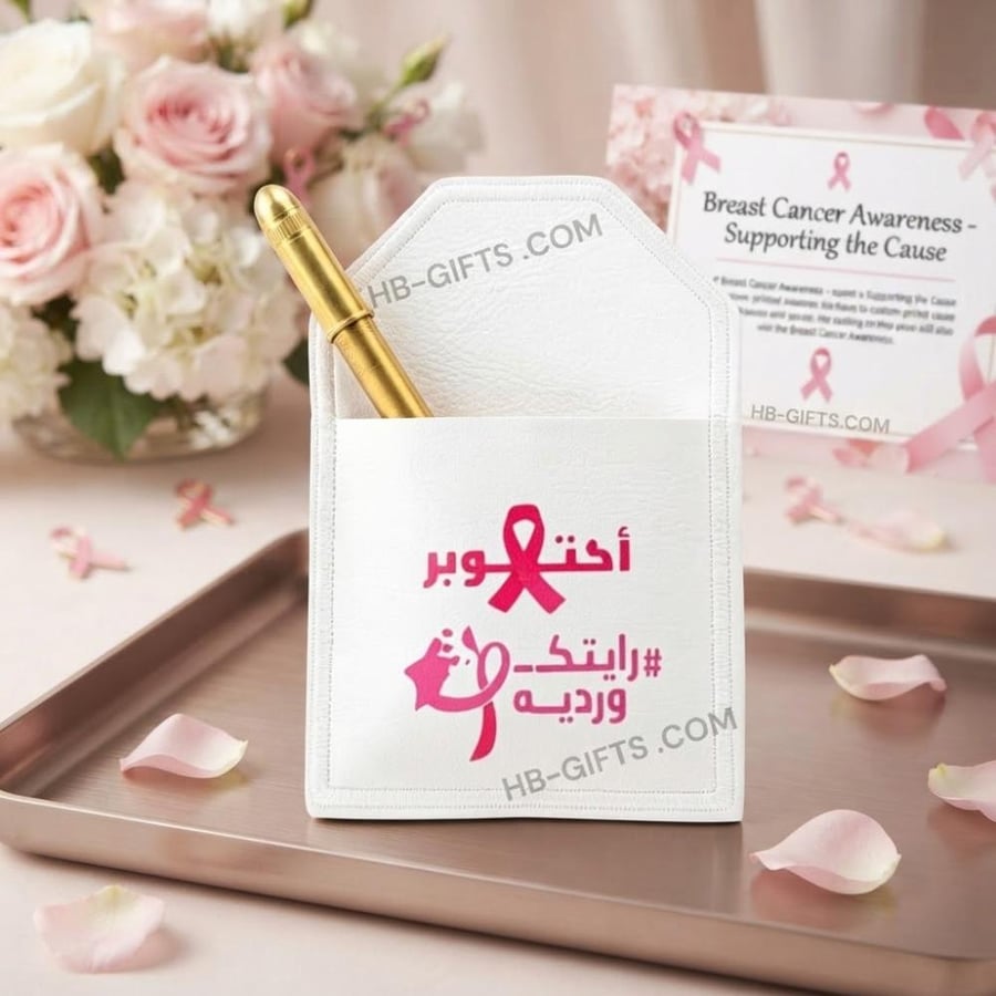 مجموعه (12) من اقلام كحل منسقه مع جيوب جلد مصممة بشعار اكتوبر الوردي | اليوم العالمي لسرطان الثدي