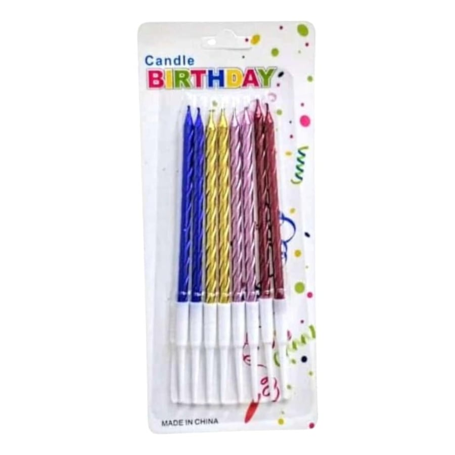 A pack of 8 cake candle pieces with a cake holder for all occasions