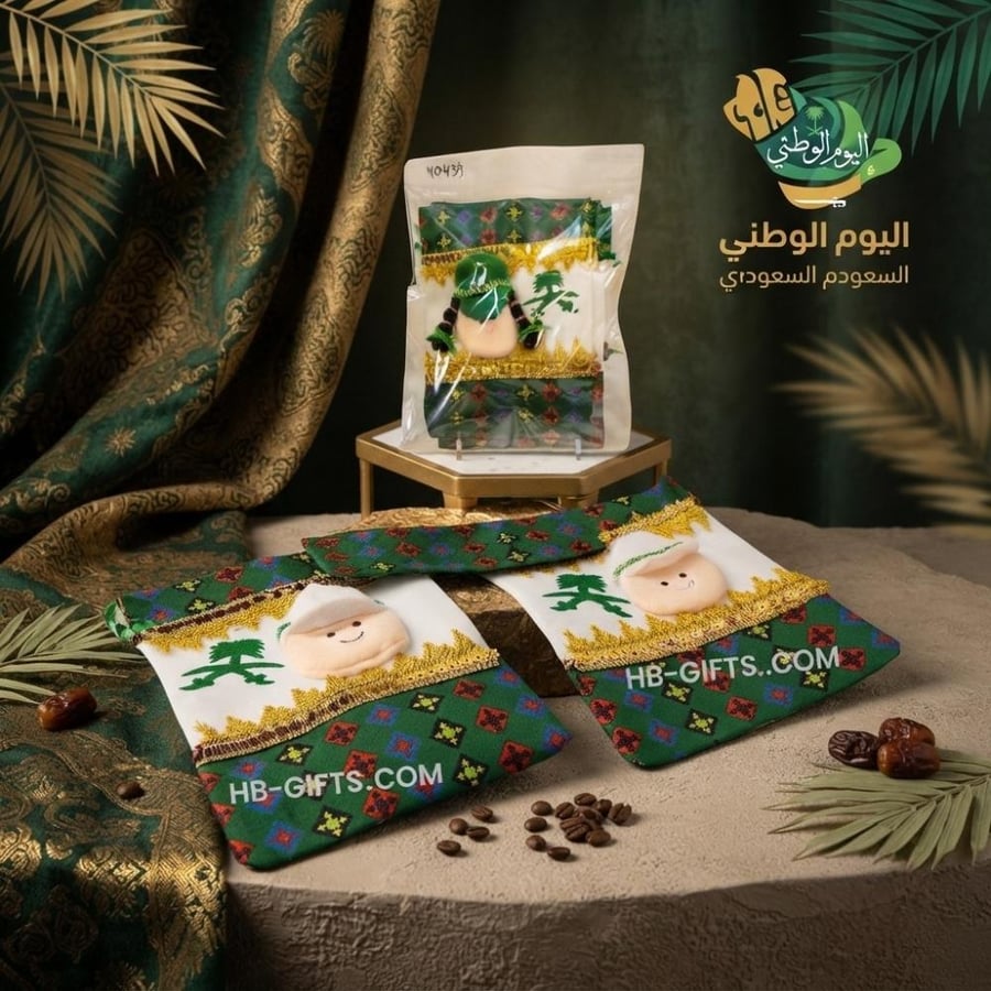 مجموعه (12) من كيس توزيعات اليوم الوطني السعودي قماشي أخضر بتصميم تراثي – توزيعات اليوم الوطني