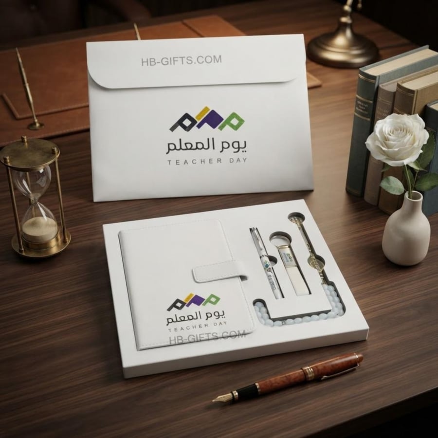 12 طقم مكون من دفاتر،مداليه،قلم،سبحه منسقه بشنط جلد لتوزيعات وهدايا يوم المعلم