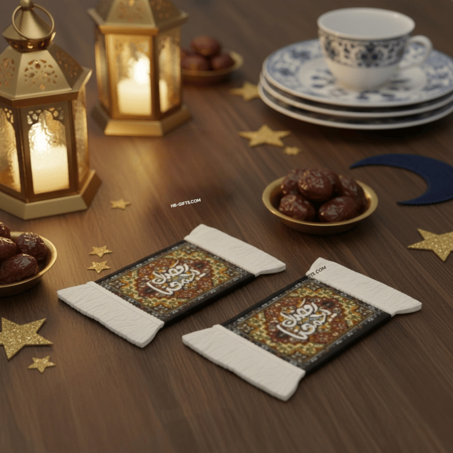 مجموعة (12) من كوسترات لتنسيق سفره وتوزيعات رمضان بثيم رمضان يجمعنا بمقاس9x18 سم