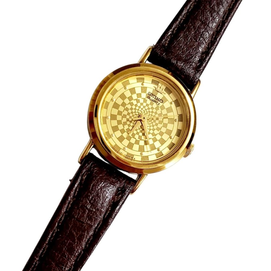 ساعة سيكو جلاكسي الرقيقة انالوج كوارتز المميزة (thin watch) 18mm-24mm مينا ذهبي حزام جلد فاخر للنساء - Vintage S13