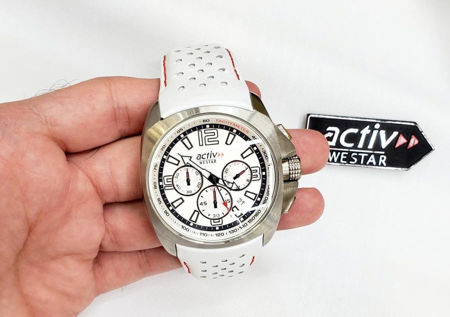 ساعة وستار أكتيف الرياضية كرونو غراف مينا ابيض مقاس 52mm بتاريخ جلد للرجال - فنتج