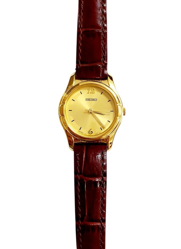 ساعة سيكو جلاكسي الرقيقة انالوج كوارتز المميزة (thin watch) 18mm-24mm مينا ذهبي حزام جلد فاخر للنساء - Vintage S16