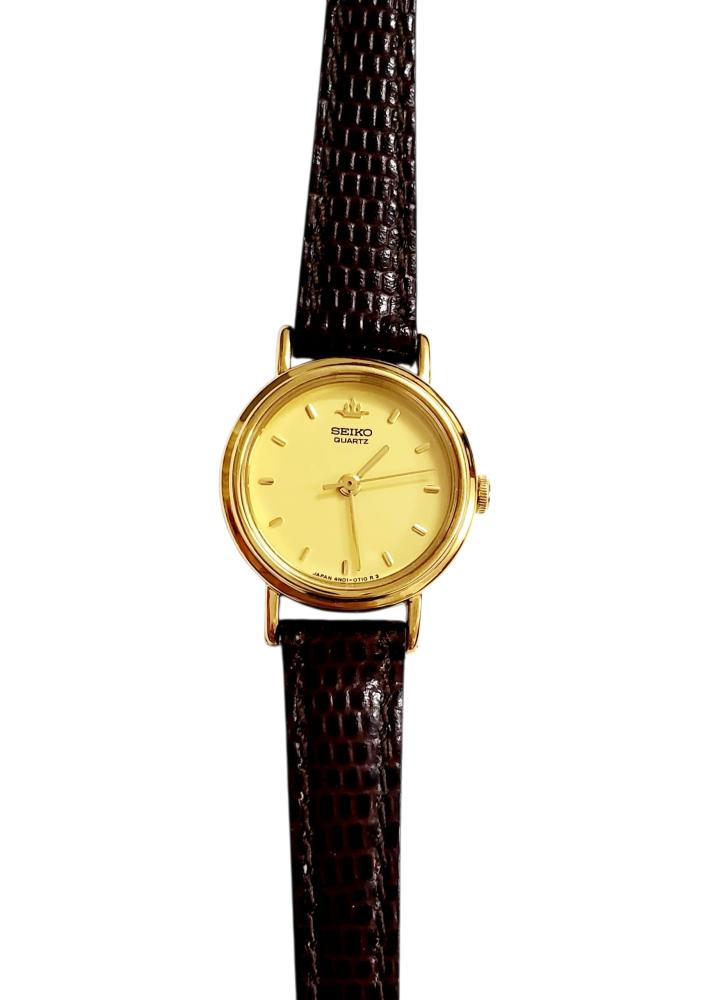 ساعة سيكو جلاكسي الرقيقة انالوج كوارتز المميزة (thin watch) 18mm-24mm مينا ذهبي حزام جلد فاخر للنساء - Vintage S15