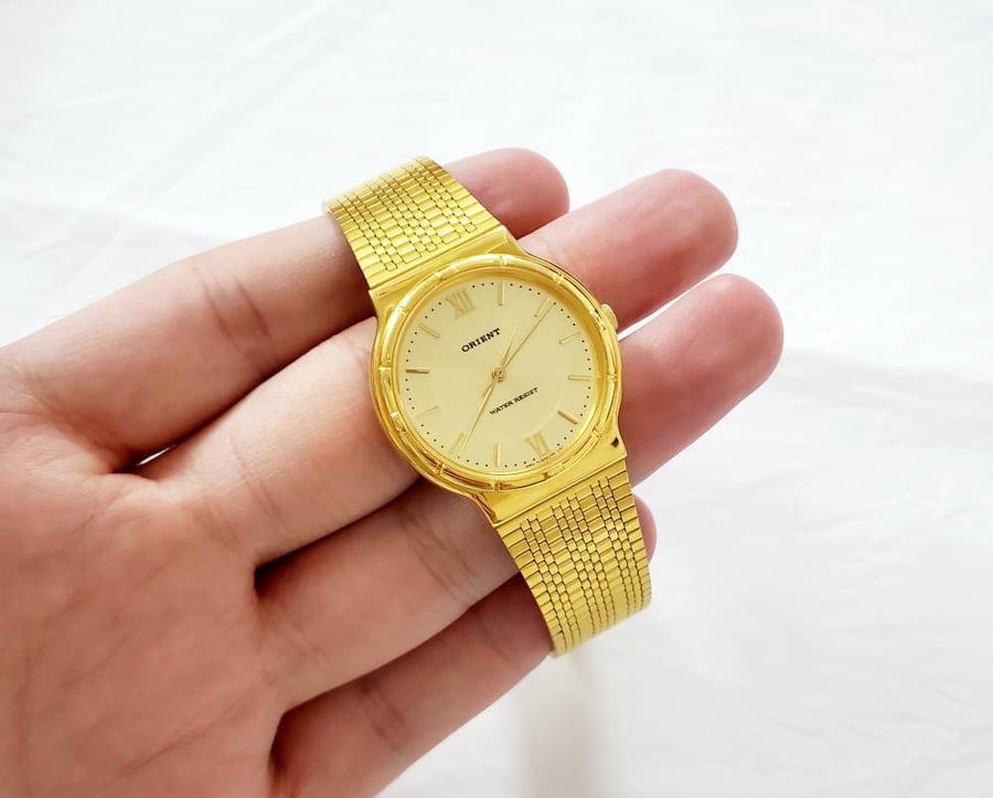ساعة اورينت اليابانية (1980 م) انالوج كوارتز مقاس 30mm-32mm ستانلس ستيل ذهبي للجنسين - فنتج