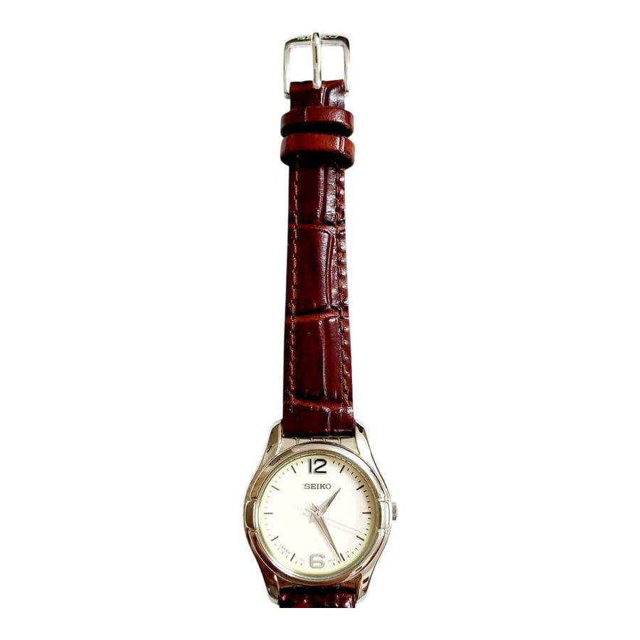 ساعة سيكو جلاكسي الرقيقة انالوج كوارتز المميزة (thin watch) 18mm-24mm مينا أبيض حزام جلد فاخر للنساء - Vintage S17