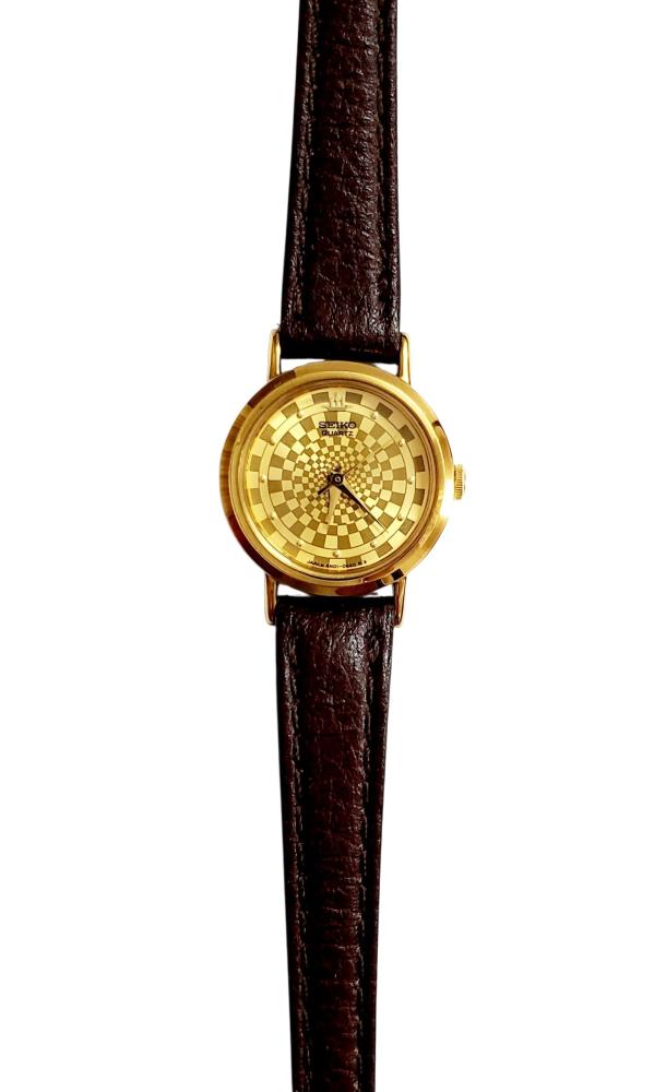 ساعة سيكو جلاكسي الرقيقة انالوج كوارتز المميزة (thin watch) 18mm-24mm مينا ذهبي حزام جلد فاخر للنساء - Vintage S13