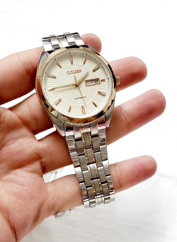 ساعة سيتزن اليابانية الفاخرة اوتوماتيك (Citizen Meccanico) بتاريخين مقاس 43.5mm ستانلس ستيل للونين للرجال فنتج - NP4014-54P