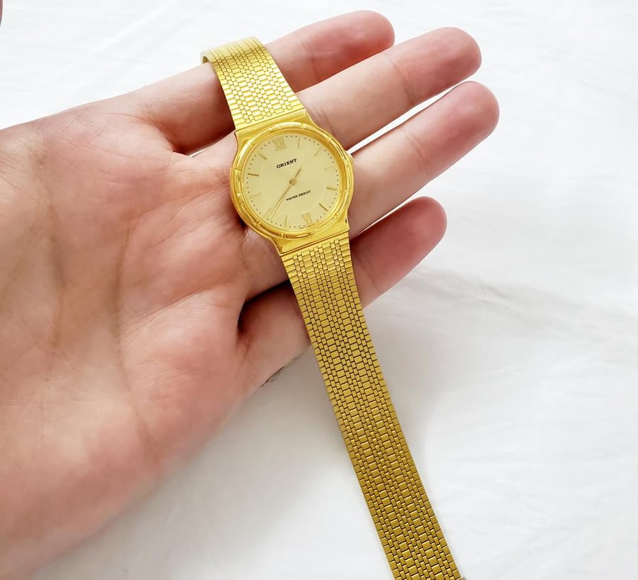 ساعة اورينت اليابانية (1980 م) انالوج كوارتز مقاس 30mm-32mm ستانلس ستيل ذهبي للجنسين - فنتج