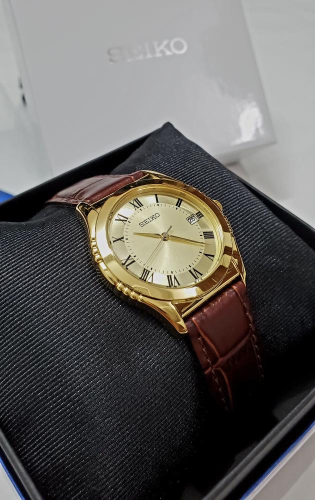 ساعة سيكو اليابانية انالوج كوارتز الرقيقة (Edg) بتاريخ ارقام روماني جلد بني مقاس 30mm-36mm للرجال - فنتج