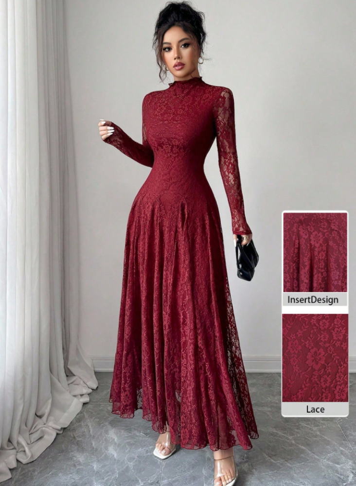 Modelyn رمضان فستان أحمر مع تصميم ياقة عالية وخصر ضيق، مخنق