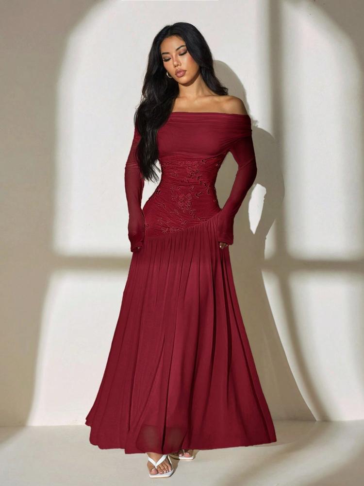 SHEIN PETITE فستان أنيق وأنيق بأكمام طويلة أحادية الكتف، مع تطريز شبكي متباين
