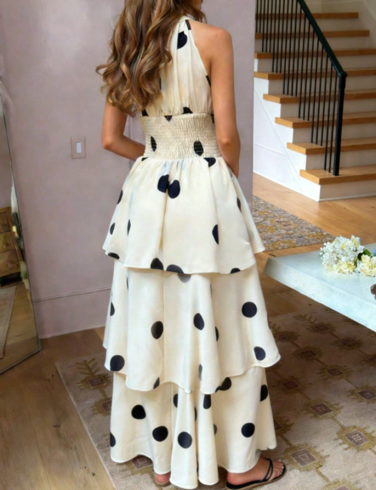 Elegant dress for women with large polka dot pattern, sleeveless, gathered waist, ruffled layers, bohemian style, for spring/summer