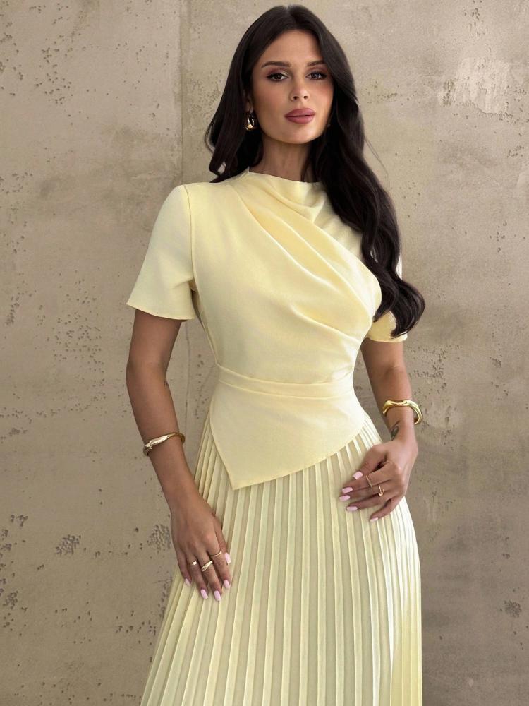 Firerie elegant, classy, beautiful, and emotional dress for women to wear during holidays, appointments, and daily use, in yellow with draped details, asymmetrical edge, and folded.