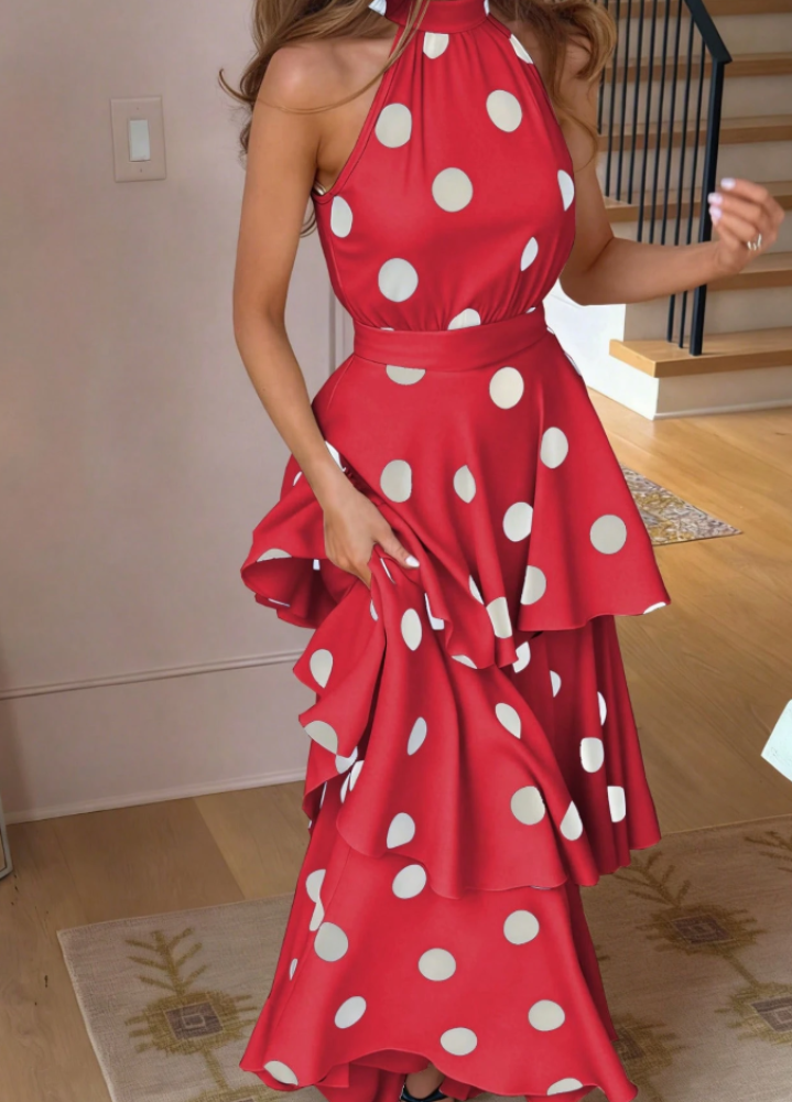 Elegant dress for women with large polka dot pattern, sleeveless, gathered waist, ruffled layers, bohemian style, for spring/summer