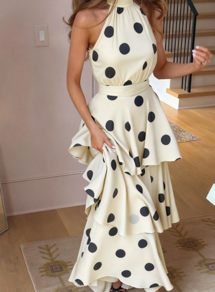 Elegant dress for women with large polka dot pattern, sleeveless, gathered waist, ruffled layers, bohemian style, for spring/summer
