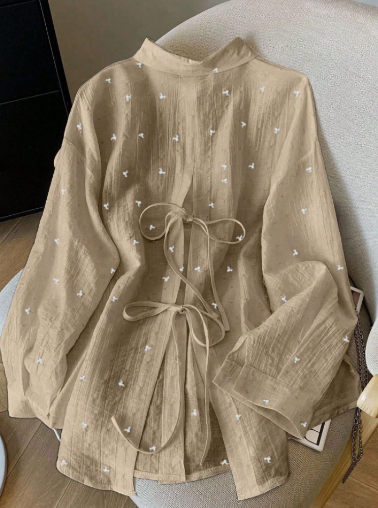SHEIN بلوزة أنيقة نسائية فضفاضة رقيقة الظهر مربوطة الأكمام طويلة الأكمام