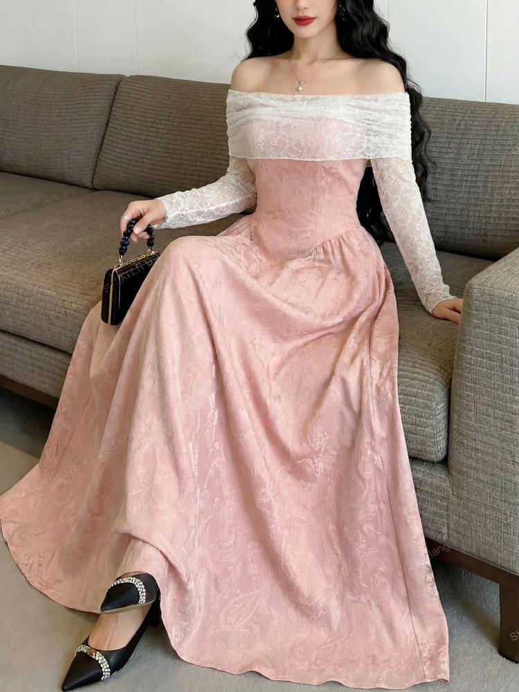 Modelyn فستان أنيق وعاطفي للنساء من الدانتيل والجاكار الوردي مع كتف مكشوف وخصر مجمع