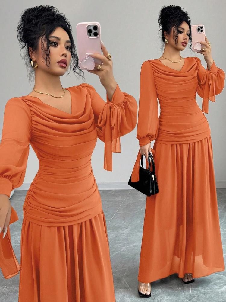Elenzga فستان شيفون أنيق للنساء مع طوق مكشكش، أكمام فانوس، تصميم ربطة الخصر