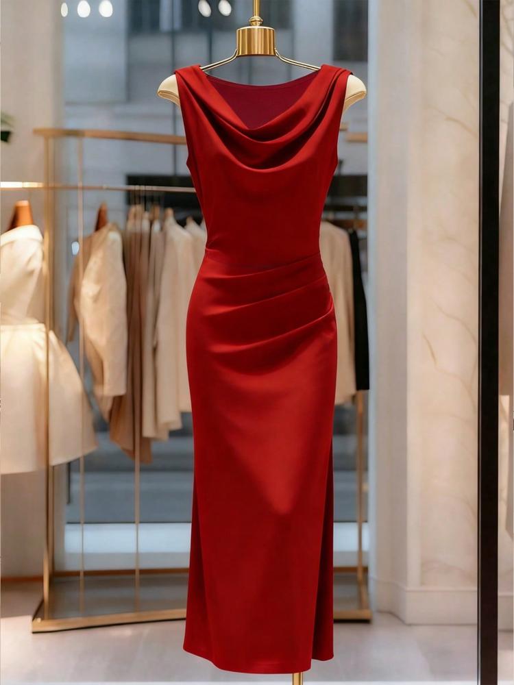 SHEIN Franclia فستان أنيق للنساء بلون أحمر ثابت، رقبة مطوية، شق في الذيل، بدون أكمام