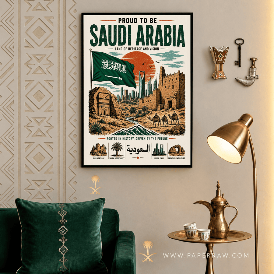 لوحة السعودية أرض التراث والرؤية تصميم وطني يجمع الماضي والمستقبل