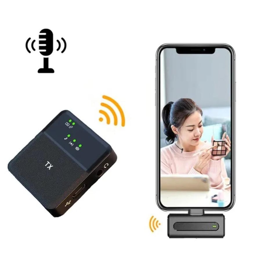 External mobile interview microphone, pure and clear (professional), wireless – 3 sound modes: echo + noise isolation + natural – range up to 20 meters, battery lasts up to 12-14 hours of use.