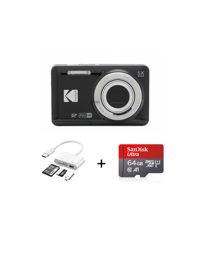 بكج (Kodak Pixpro FZ55 + ذاكرة 64gb + وصلة type c )