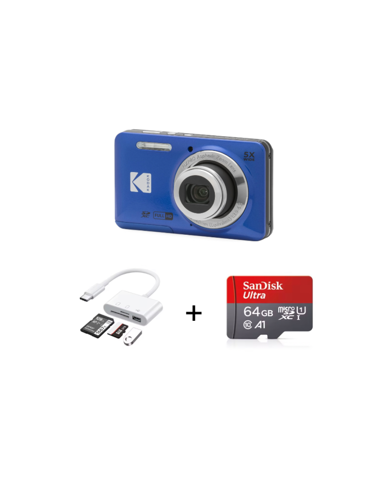 بكج (Kodak Pixpro FZ55 + ذاكرة 64gb + وصلة type c )