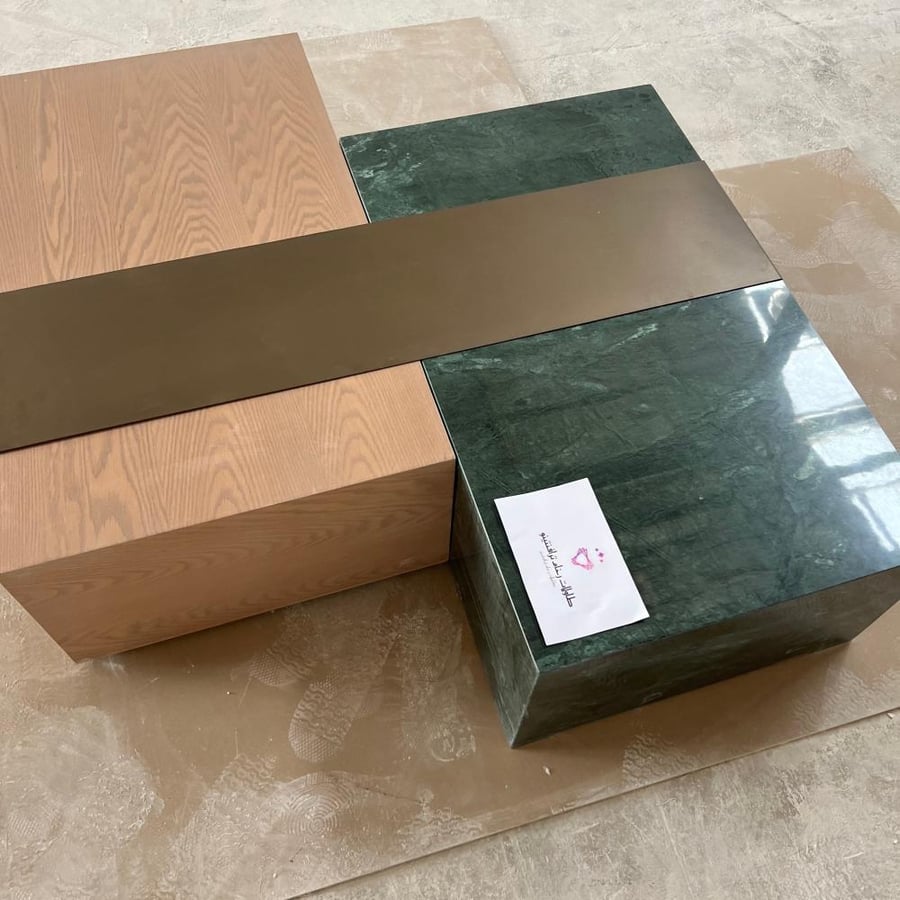 2 green marble tables + wood with a strap