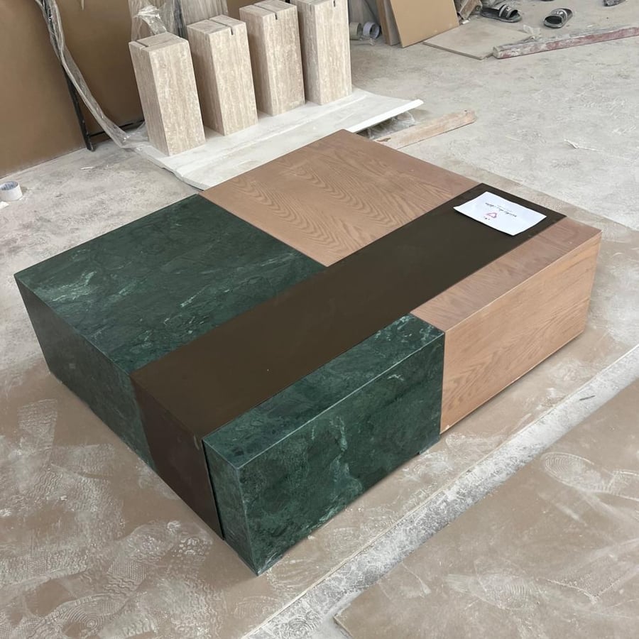 2 green marble tables + wood with a strap