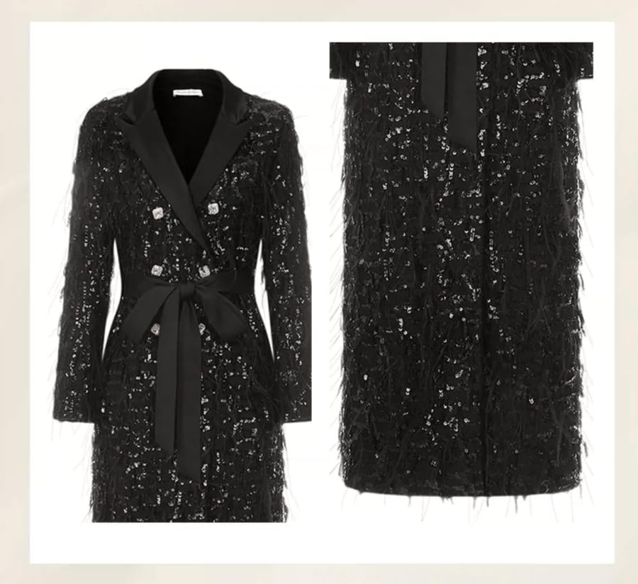 Black dress with sequins and feathers