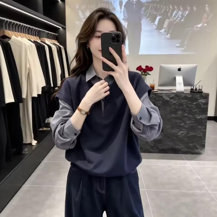 قميص نسائي مقاس كبير مخطط بأكمام طويلة بتصميم مدمج يمنح تأثيرًا نحيفًا ويُخفي عيوب الجسم،