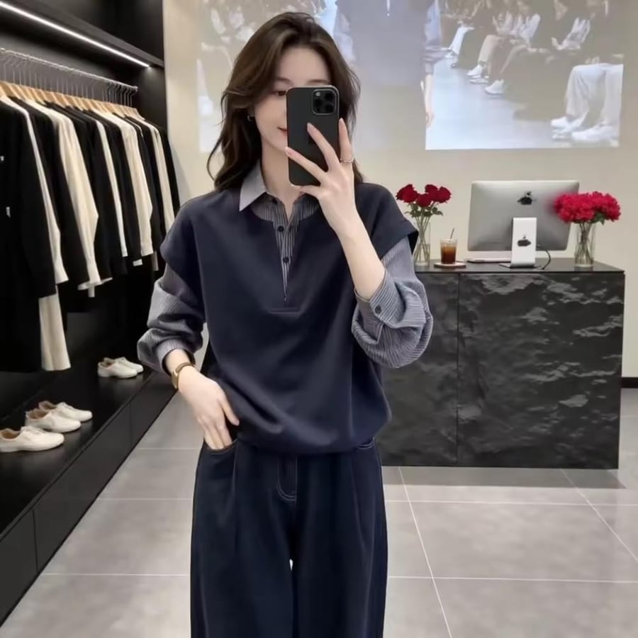 قميص نسائي مقاس كبير مخطط بأكمام طويلة بتصميم مدمج يمنح تأثيرًا نحيفًا ويُخفي عيوب الجسم،