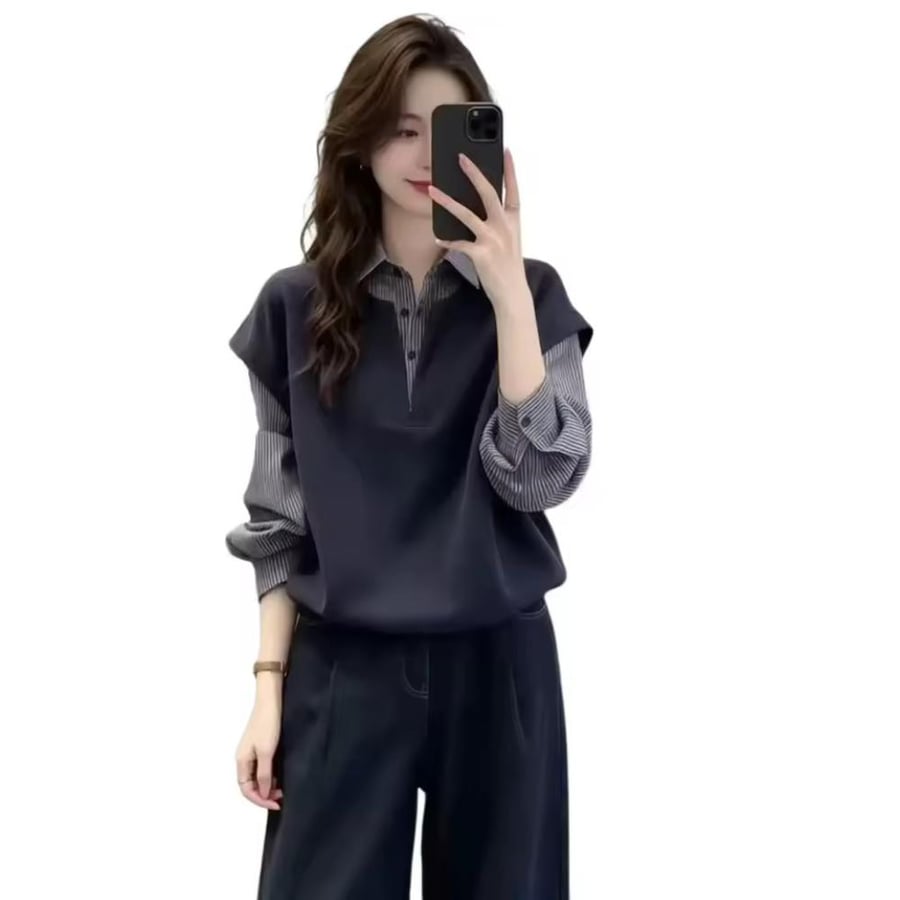 قميص نسائي مقاس كبير مخطط بأكمام طويلة بتصميم مدمج يمنح تأثيرًا نحيفًا ويُخفي عيوب الجسم،