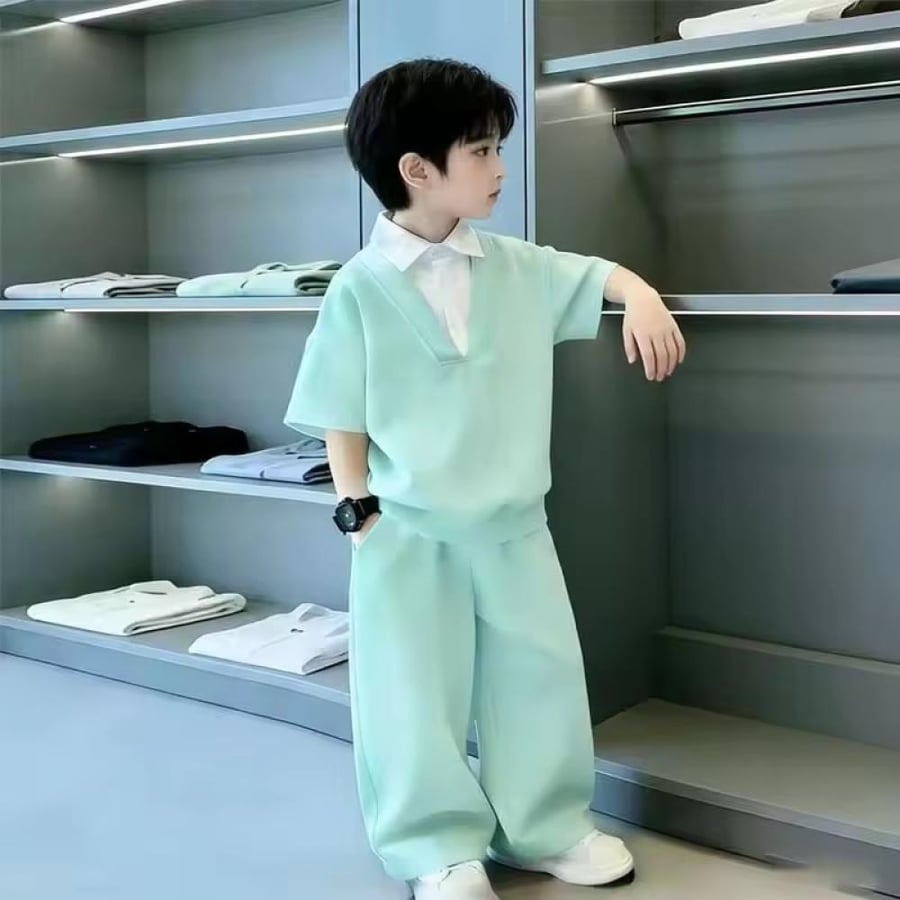 طقم صيفي للأولاد من قطعتين بأكمام قصيرة، تصميم عصري على الطراز الكوري،
