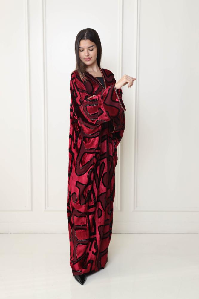 Golden/Red velvet abaya with luxurious artistic pattern in a bold design